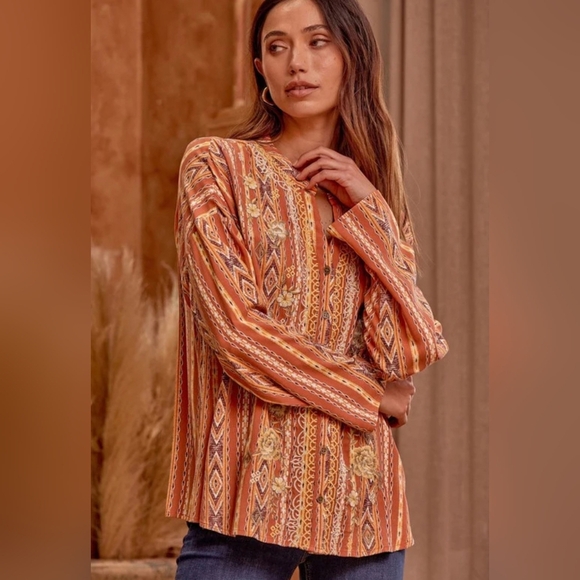 Savanna Jane NWT Boho The Wren Kat Split Neck Rust Stripe Embroidered SMALL - Picture 2 of 8